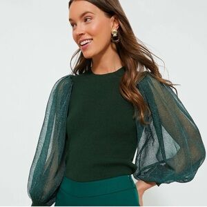 Tuckernuck Elegant Green Betsy Top with Sheer Sleeves